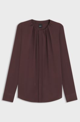 Collarless regular-fit blouse in stretch silk, Dark Brown