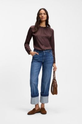 Collarless regular-fit blouse in stretch silk, Dark Brown