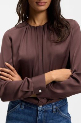 Chemisier Regular sans col en soie stretch, Marron fonc&eacute;