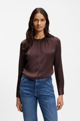 Collarless regular-fit blouse in stretch silk, Dark Brown