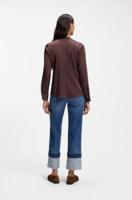 Collarless regular-fit blouse in stretch silk, Dark Brown