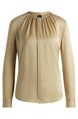 BOSS - Collarless regular-fit blouse in stretch silk - Light