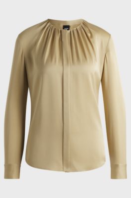 Chemisier Regular sans col en soie stretch, Beige clair