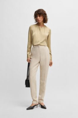 Collarless regular-fit blouse in stretch silk, Light Beige