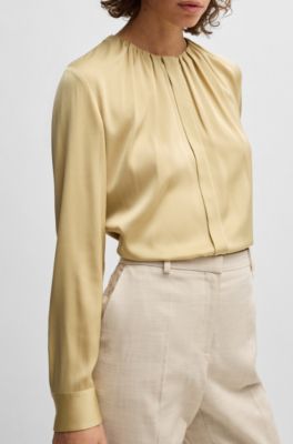 Collarless regular-fit blouse in stretch silk, Light Beige