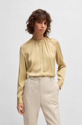 Collarless regular-fit blouse in stretch silk, Light Beige