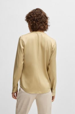 Collarless regular-fit blouse in stretch silk, Light Beige