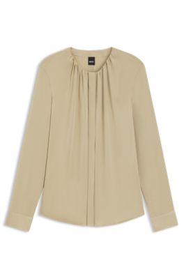 Collarless regular-fit blouse in stretch silk, Light Beige