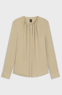 Collarless regular-fit blouse in stretch silk, Light Beige