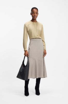 Collarless regular-fit blouse in stretch silk, Light Beige