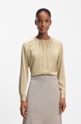 Collarless regular-fit blouse in stretch silk, Light Beige