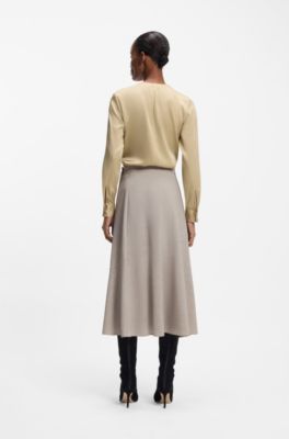 Collarless regular-fit blouse in stretch silk, Light Beige