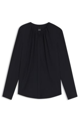 Collarless regular-fit blouse in stretch silk, Black