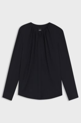 Collarless regular-fit blouse in stretch silk, Dark Blue