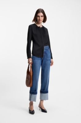 Collarless regular-fit blouse in stretch silk, Dark Blue