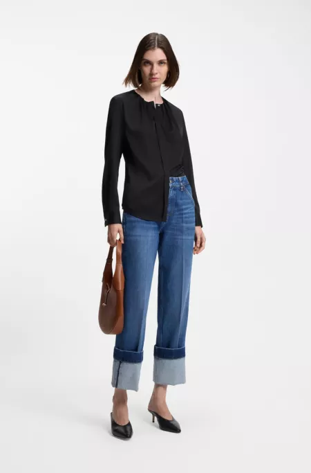 Collarless regular-fit blouse in stretch silk