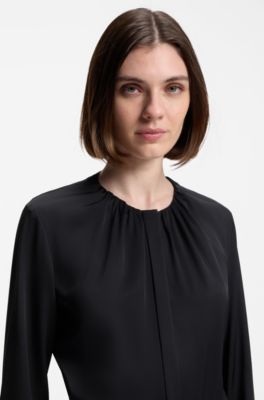 Collarless regular-fit blouse in stretch silk, Dark Blue