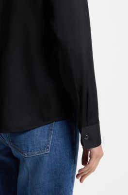 Collarless regular-fit blouse in stretch silk, Dark Blue