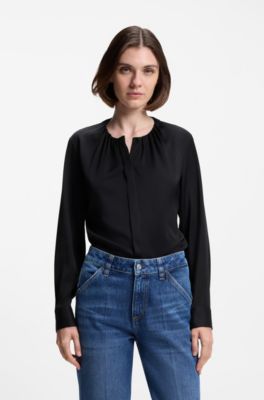 Collarless regular-fit blouse in stretch silk, Dark Blue