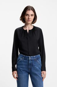 Collarless regular-fit blouse in stretch silk, Black