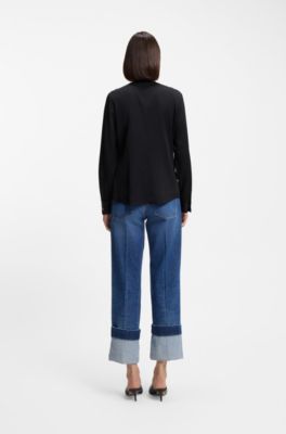 Camicetta regular fit senza collo in seta elasticizzata, Blu scuro