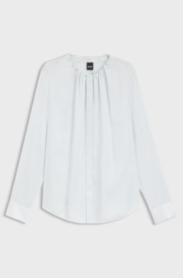 Collarless regular-fit blouse in stretch silk, Light Blue