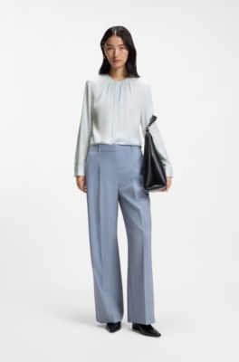 Collarless regular-fit blouse in stretch silk, Light Blue