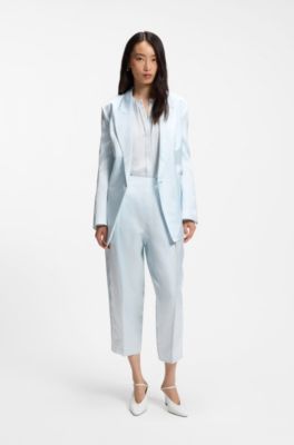 Collarless regular-fit blouse in stretch silk, Light Blue