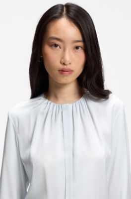 Collarless regular-fit blouse in stretch silk, Light Blue