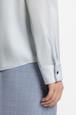 Collarless regular-fit blouse in stretch silk, Light Blue
