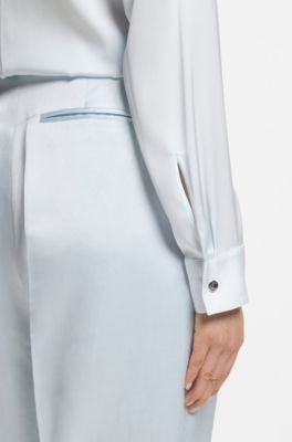 Collarless regular-fit blouse in stretch silk, Light Blue