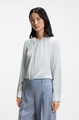 Collarless regular-fit blouse in stretch silk, Light Blue