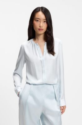 Collarless regular-fit blouse in stretch silk, Light Blue