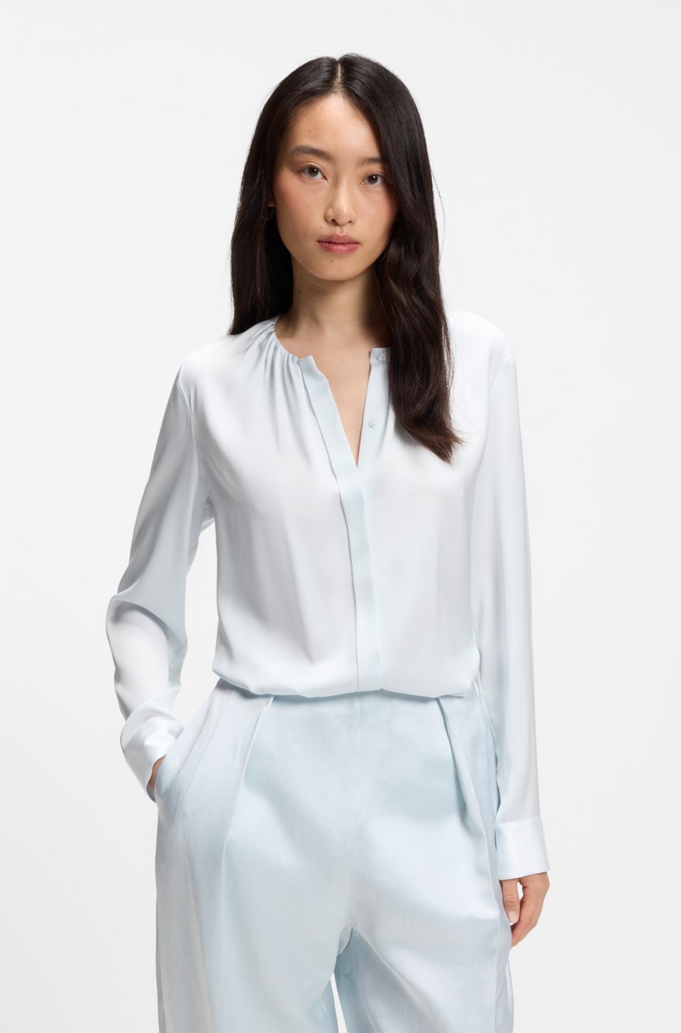 Collarless regular-fit blouse in stretch silk