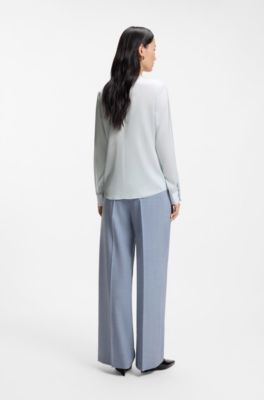 Collarless regular-fit blouse in stretch silk, Light Blue