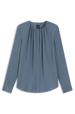 Collarless regular-fit blouse in stretch silk, Blue