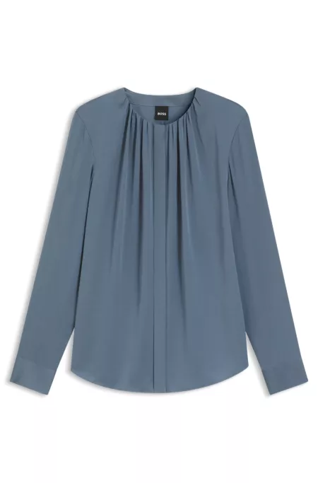 Collarless regular-fit blouse in stretch silk