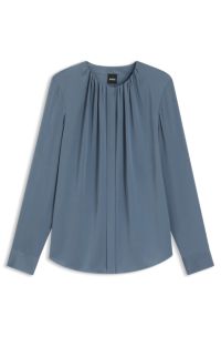 Chemisier Regular sans col en soie stretch, Bleu