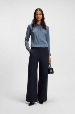 Collarless regular-fit blouse in stretch silk, Blue