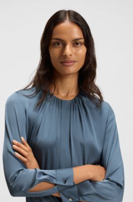 Collarless regular-fit blouse in stretch silk, Blue