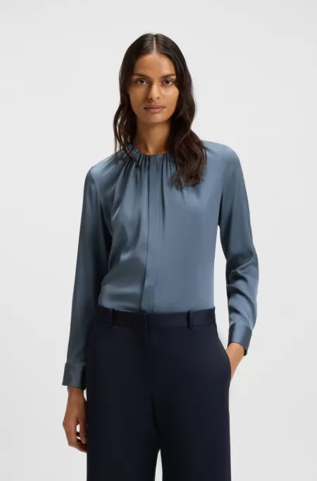 Collarless regular-fit blouse in stretch silk