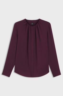 Collarless regular-fit blouse in stretch silk, Bordeaux