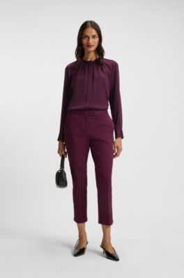 Collarless regular-fit blouse in stretch silk, Bordeaux