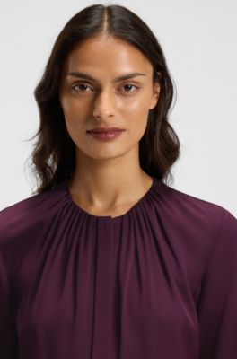 Collarless regular-fit blouse in stretch silk, Bordeaux