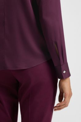 Collarless regular-fit blouse in stretch silk, Bordeaux