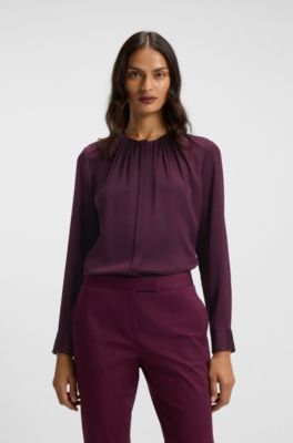 Collarless regular-fit blouse in stretch silk, Bordeaux