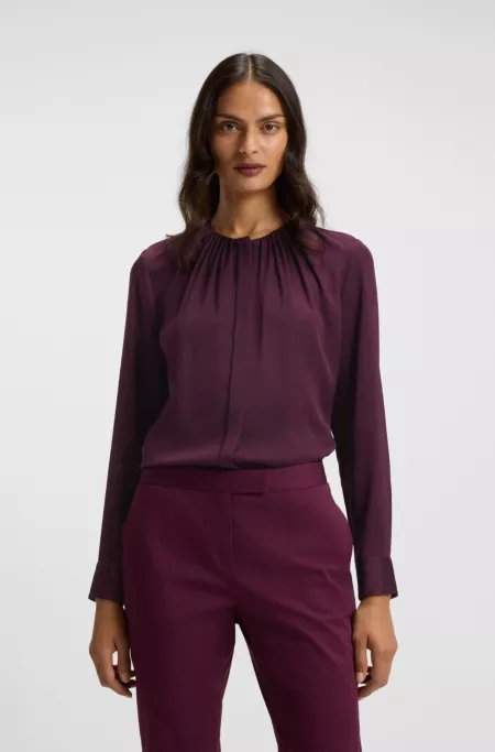 Collarless regular-fit blouse in stretch silk