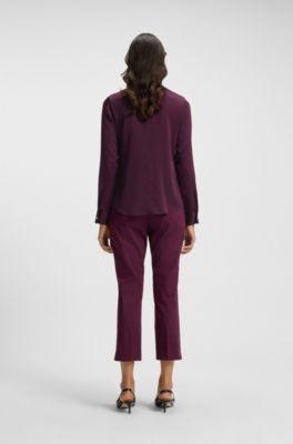 Collarless regular-fit blouse in stretch silk, Bordeaux