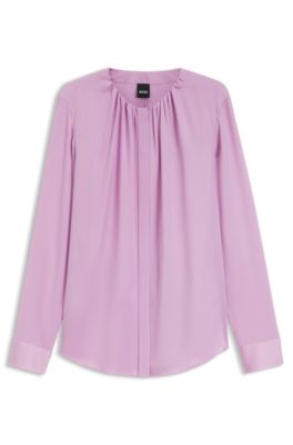 Collarless regular-fit blouse in stretch silk, Purple