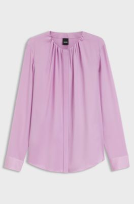Collarless regular-fit blouse in stretch silk, Purple